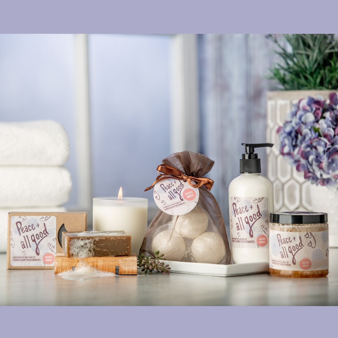 Handcrafted bar soap, candle, bath bombs, lotion, and salt scrubs
